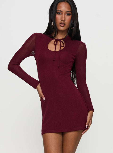 front view of model wearing Princess Polly Primavera Long Sleeve Mini Dress Wine High Neck 