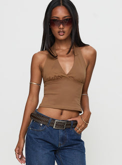 front view of model wearing Princess Polly Whimsy Halter Top Chocolate Sleeveless Plunger 