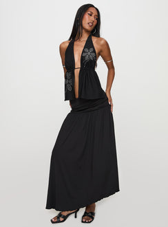   front view of model wearing Princess Polly Gezabele Asymmetrical Maxi Skirt Black Maxi Skirts Skirts 