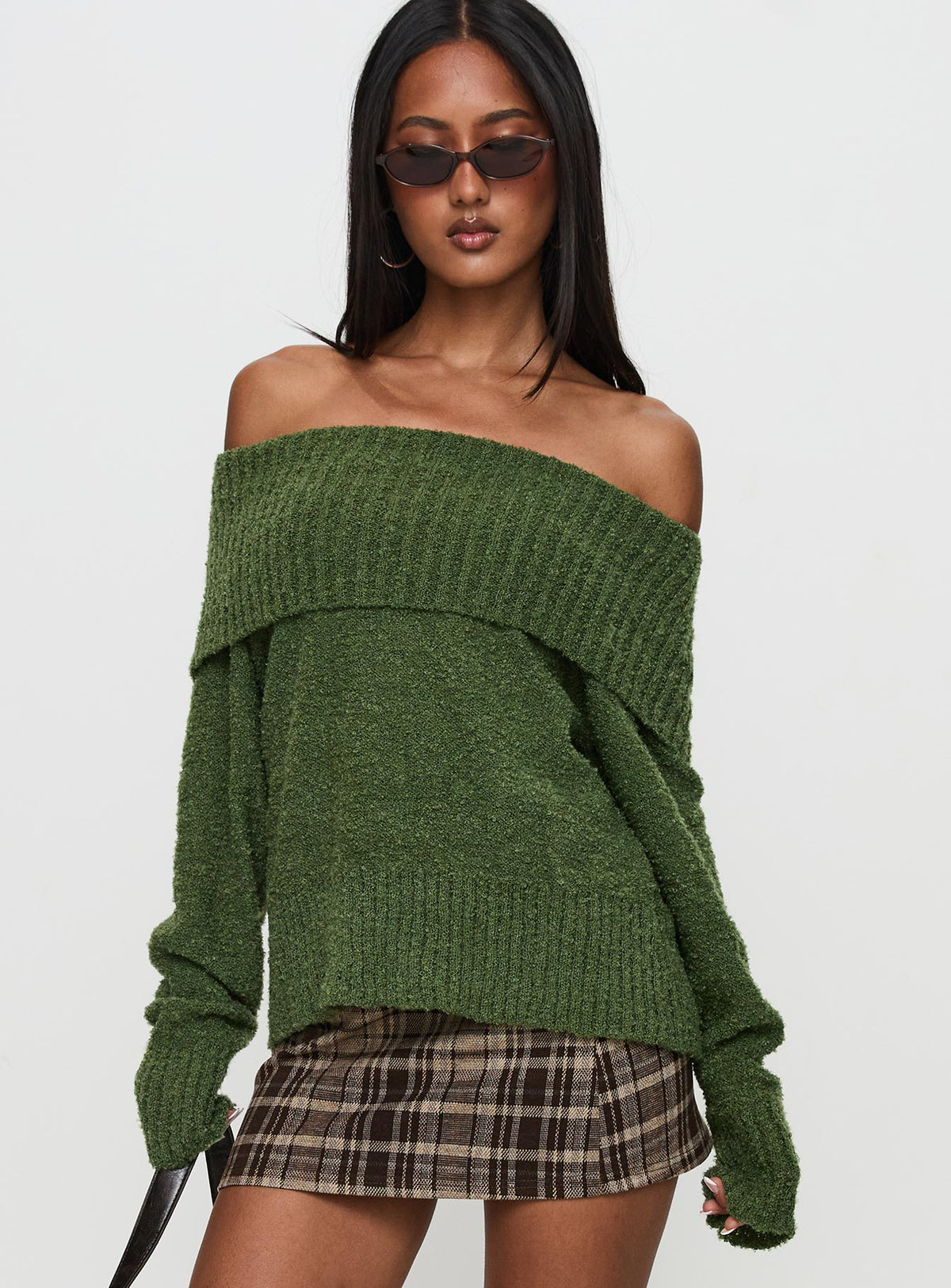 front view of model wearing Princess Polly Parkley Boucle Off The Shoulder Sweater Olive Longline Jumpers Jumpers 
