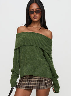 front view of model wearing Princess Polly Parkley Boucle Off The Shoulder Sweater Olive Longline Jumpers Jumpers 