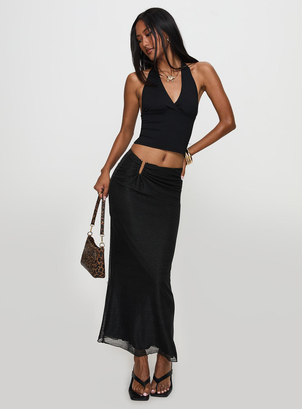   front view of model wearing Princess Polly Satine Maxi Skirt Black Maxi Skirts Skirts 