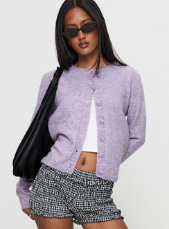front view of model wearing Princess Polly Denmark Cardigan Lilac Cropped Jumpers Jumpers 