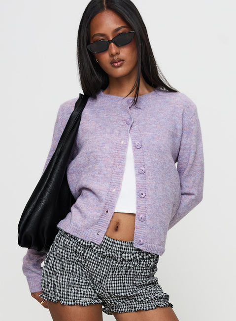 front view of model wearing Princess Polly Denmark Cardigan Lilac Cropped Jumpers Jumpers 