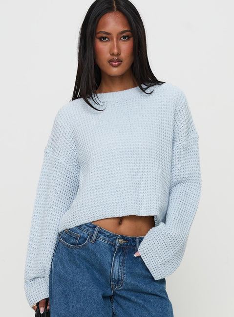 front view of model wearing Princess Polly Elinda Knit Sweater Blue Cropped Jumpers Jumpers 