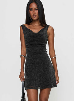 side view of model wearing Princess Polly Romani Mini Dress Black Glitter Cowl Neck 