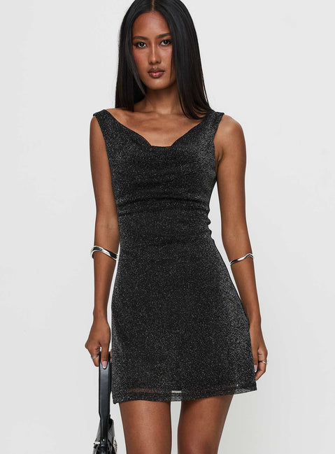 side view of model wearing Princess Polly Romani Mini Dress Black Glitter Cowl Neck 