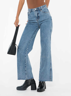 back view of model wearing Princess Polly Arlington High Rise Straight Leg Jeans Mid Wash High Rise Jeans Jeans 