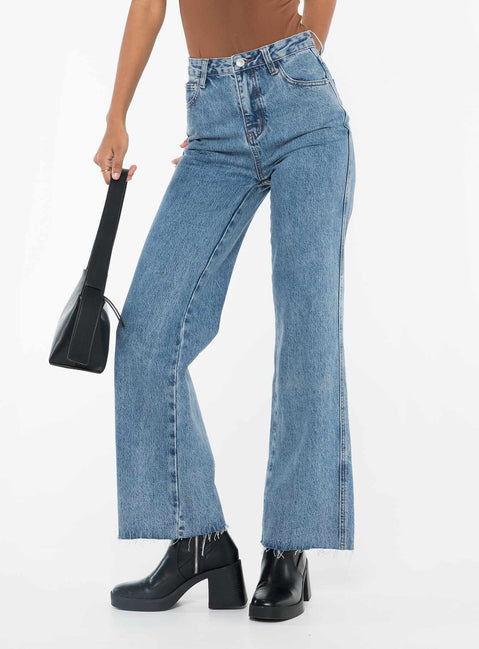 back view of model wearing Princess Polly Arlington High Rise Straight Leg Jeans Mid Wash High Rise Jeans Jeans 