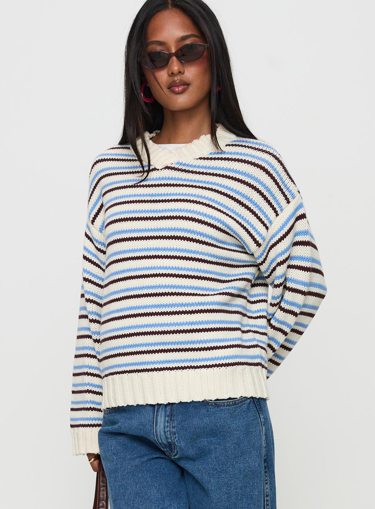 side view of model wearing Princess Polly Karolyn Sweater Blue Stripe Longline Jumpers Jumpers 