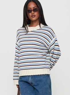 side view of model wearing Princess Polly Karolyn Sweater Blue Stripe Longline Jumpers Jumpers 