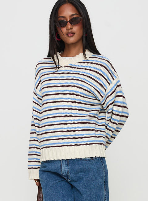 side view of model wearing Princess Polly Karolyn Sweater Blue Stripe Longline Jumpers Jumpers 