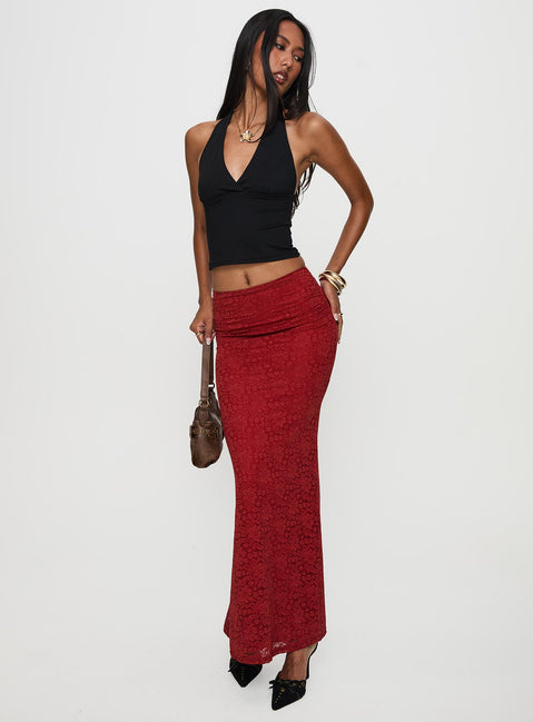 back view of model wearing Princess Polly Silene Maxi Skirt Red Skirts 