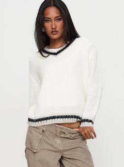 side view of model wearing Princess Polly Federation V Neck Knit Sweater White Longline Jumpers Jumpers 