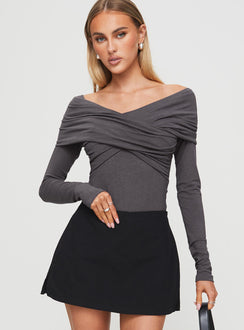 front view of model wearing Princess Polly Sundlow Off Shoulder Bodysuit Slate Long Sleeve Tops Bodysuit 