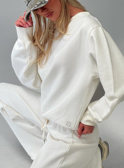 back view of model wearing Princess Polly Wellness Off The Shoulder Jumper Washed White Jumpers 