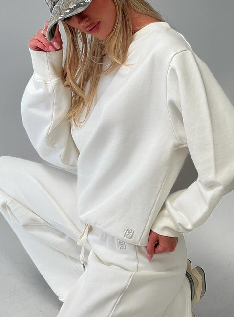 back view of model wearing Princess Polly Wellness Off The Shoulder Jumper Washed White Jumpers 