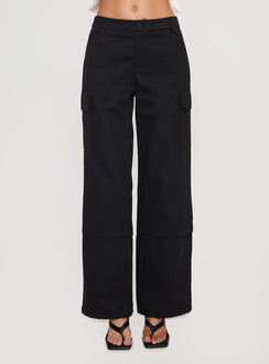 side view of model wearing Princess Polly Raider Low Waist Cargo Pant Black High Rise Pants Pants 