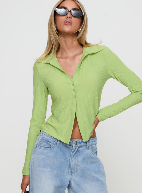 front view of model wearing Princess Polly Echoes Long Sleeve Top Green Full Sleeves V-Neck 