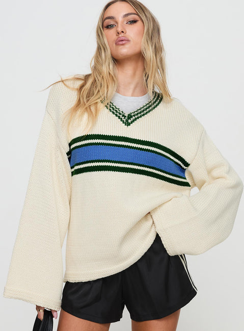 front view of model wearing Princess Polly Old Sport Knit Sweater Multi Longline Jumpers Jumpers 
