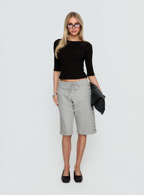 front view of model wearing Princess Polly Kether Longline Basketball Studs Short Grey Marle Mid Rise Pants Pants 