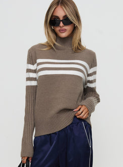 front view of model wearing Princess Polly Bessemer Funnel Neck Knit Sweater Mocha Stripe Longline Jumpers Jumpers 