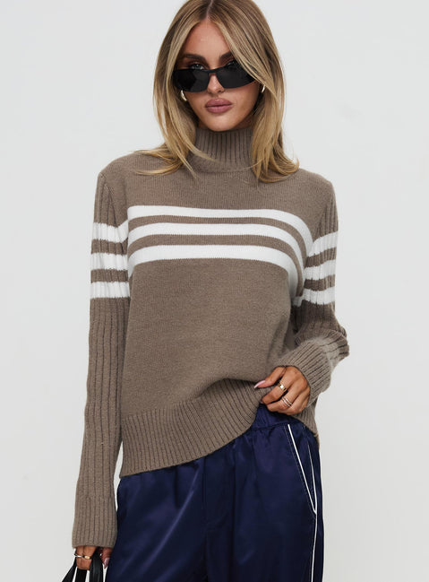 front view of model wearing Princess Polly Bessemer Funnel Neck Knit Sweater Mocha Stripe Longline Jumpers Jumpers 
