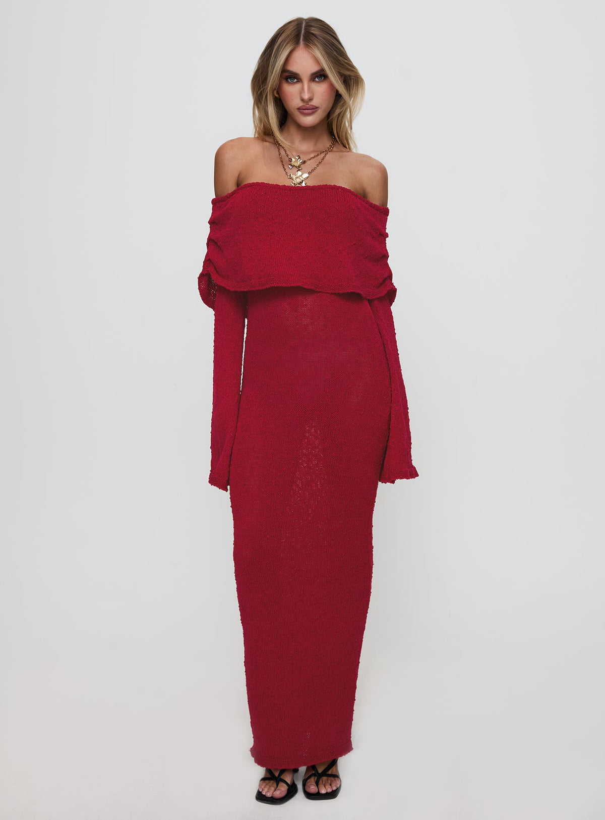 side view of model wearing Princess Polly Aleyah Long Sleeve Maxi Dress Burgundy Straight Neck 