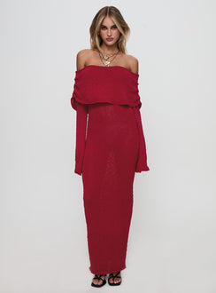 side view of model wearing Princess Polly Aleyah Long Sleeve Maxi Dress Burgundy Straight Neck 
