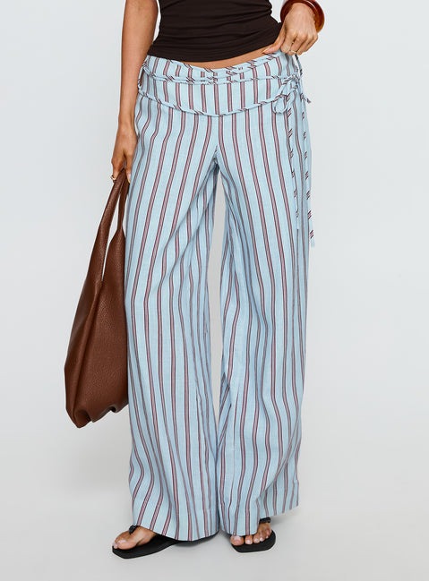 back view of model wearing Princess Polly Silver Moon Linen Blend Tie Pants Blue / Maroon Stripe Mid Rise Pants Pants 