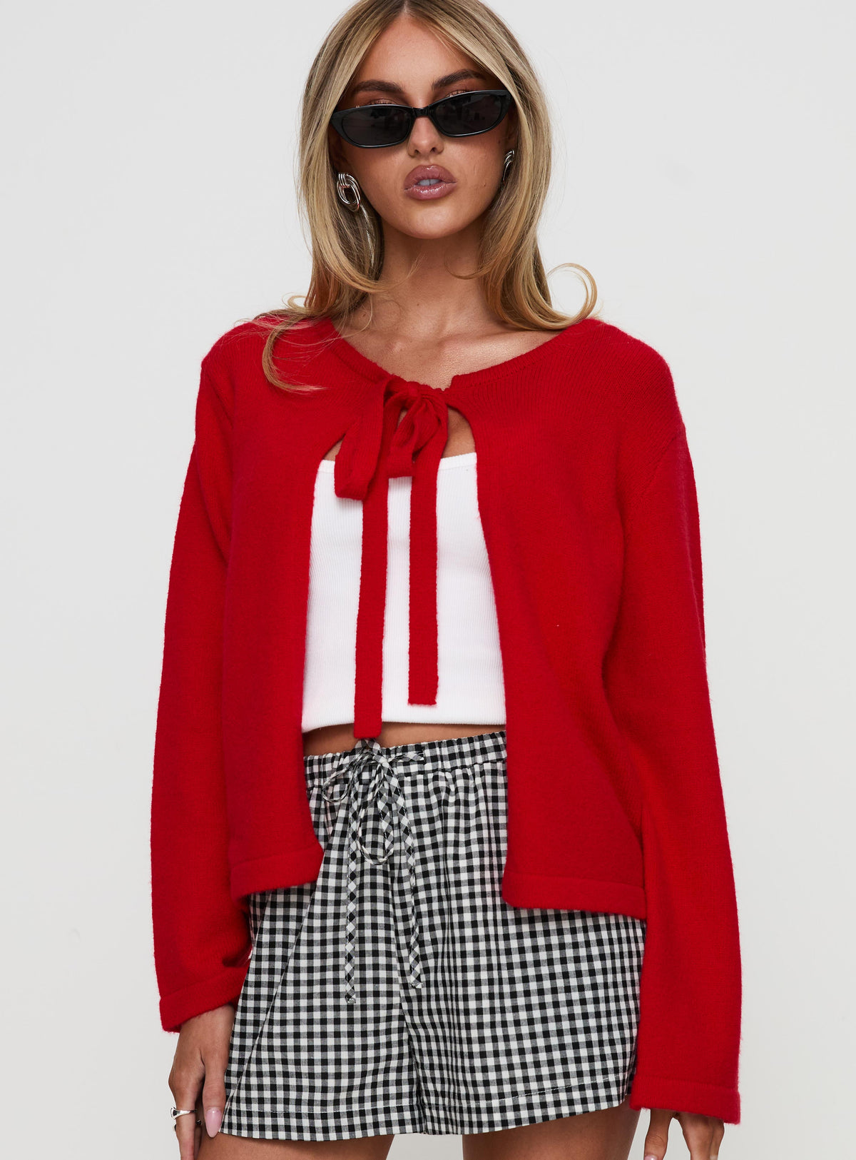 back view of model wearing Princess Polly Norine Tie Up Knit Sweater Red Cropped Jumpers Jumpers 
