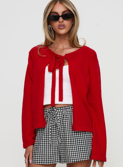 back view of model wearing Princess Polly Norine Tie Up Knit Sweater Red Cropped Jumpers Jumpers 