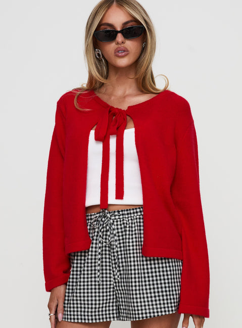 back view of model wearing Princess Polly Norine Tie Up Knit Sweater Red Cropped Jumpers Jumpers 