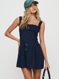 front view of model wearing Princess Polly Wait For You Mini Dress Navy Square Neck 