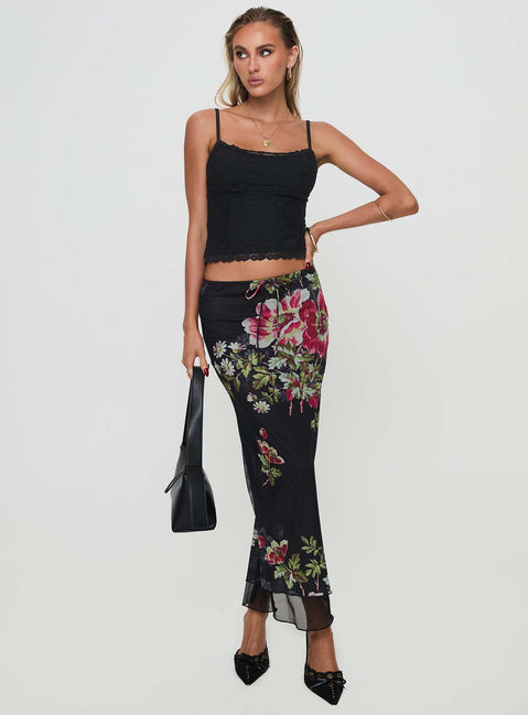   front view of model wearing Princess Polly Paganio Maxi Skirt Black Floral Maxi Skirts Skirts 