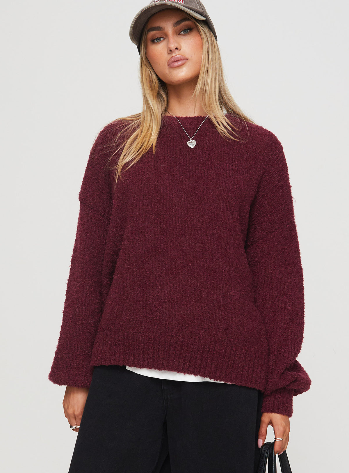 front view of model wearing Princess Polly Niomie Knit Sweater Burgundy Longline Jumpers Jumpers 