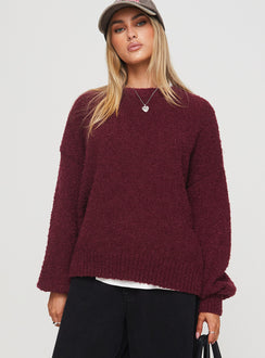 front view of model wearing Princess Polly Niomie Knit Sweater Burgundy Longline Jumpers Jumpers 