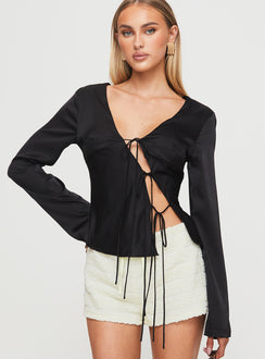 front view of model wearing Princess Polly Mariah Long Sleeve Top Black Full Sleeves Plunger 
