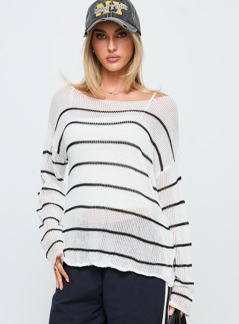back view of model wearing Princess Polly Alperton Knit Sweater Cream Stripe Longline Jumpers Jumpers 