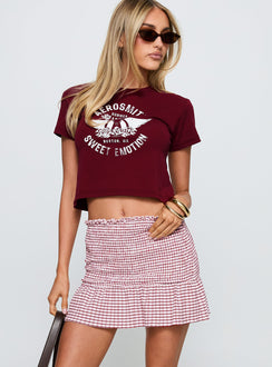   front view of model wearing Princess Polly Real Love Baby Shirred Mini Skirt Red White Check Mini Skirts Skirts 