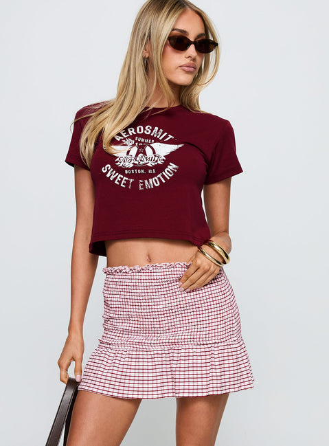  front view of model wearing Princess Polly Real Love Baby Shirred Mini Skirt Red White Check Mini Skirts Skirts 