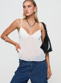 front view of model wearing Princess Polly Zami Pleat Top White Sleeveless Sweetheart 