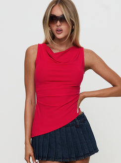 front view of model wearing Princess Polly Coretta Ruched Asymmetrical Top Red Sleeveless Cowl 