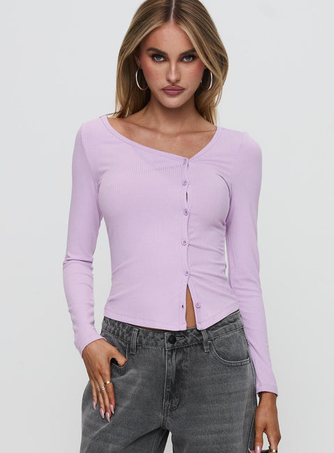 front view of model wearing Princess Polly Sadira Long Sleeve Button Up Top Lilac Full Sleeves Asymmetric Neckline 
