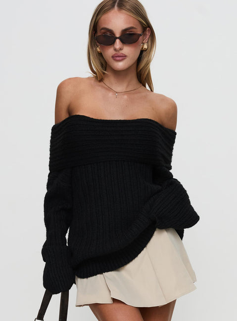 side view of model wearing Princess Polly Snowie Off Shoulder Knit Sweater Black Longline Jumpers Jumpers 