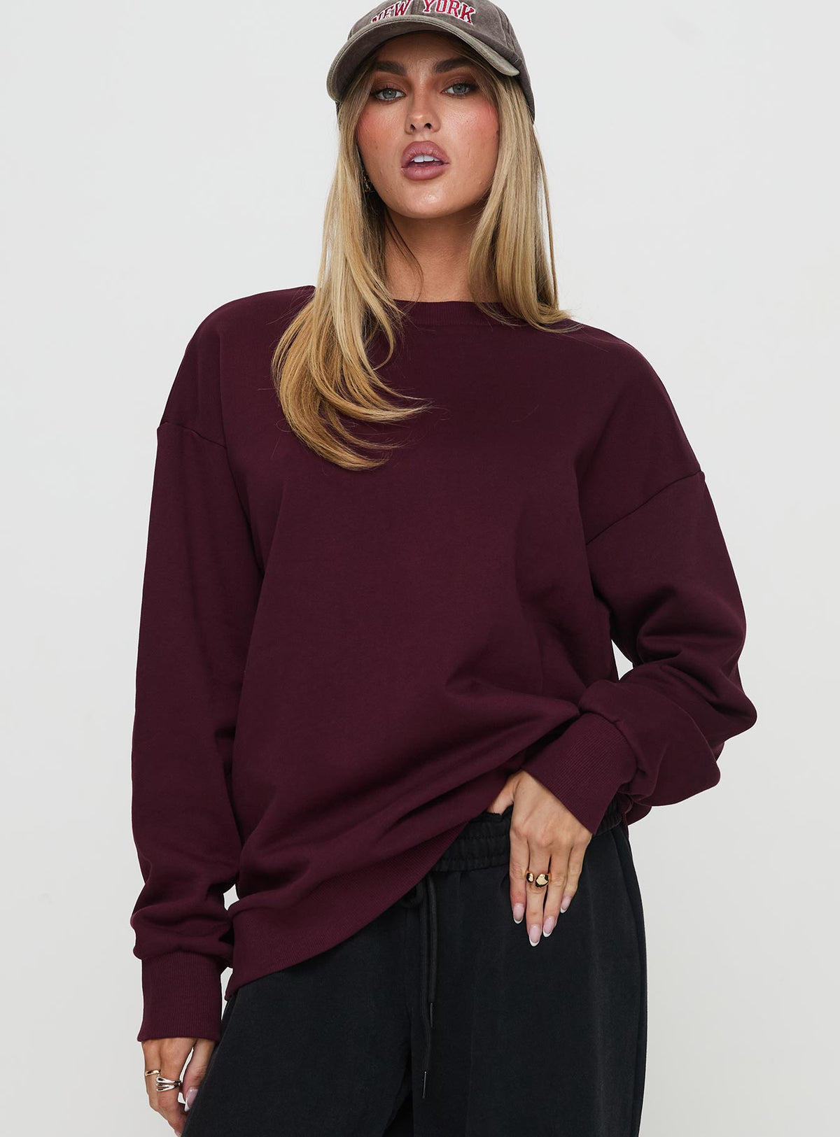 product Princess Polly All Day Crewneck Sweatshirt Wine Longline Jumpers Jumpers 