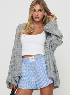 front view of model wearing Princess Polly Abner Cable Cardigan Light Grey Jumpers 