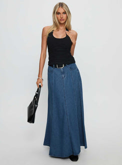   side view of model wearing Princess Polly Charleigh Soft Pleat Denim Maxi Skirt Mid Blue Wash Maxi Skirts Skirts 