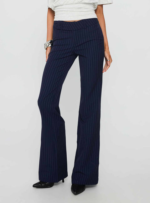 back view of model wearing Princess Polly Kinkirk Flared Pants Navy Pinstripe Low Rise Pants Pants 