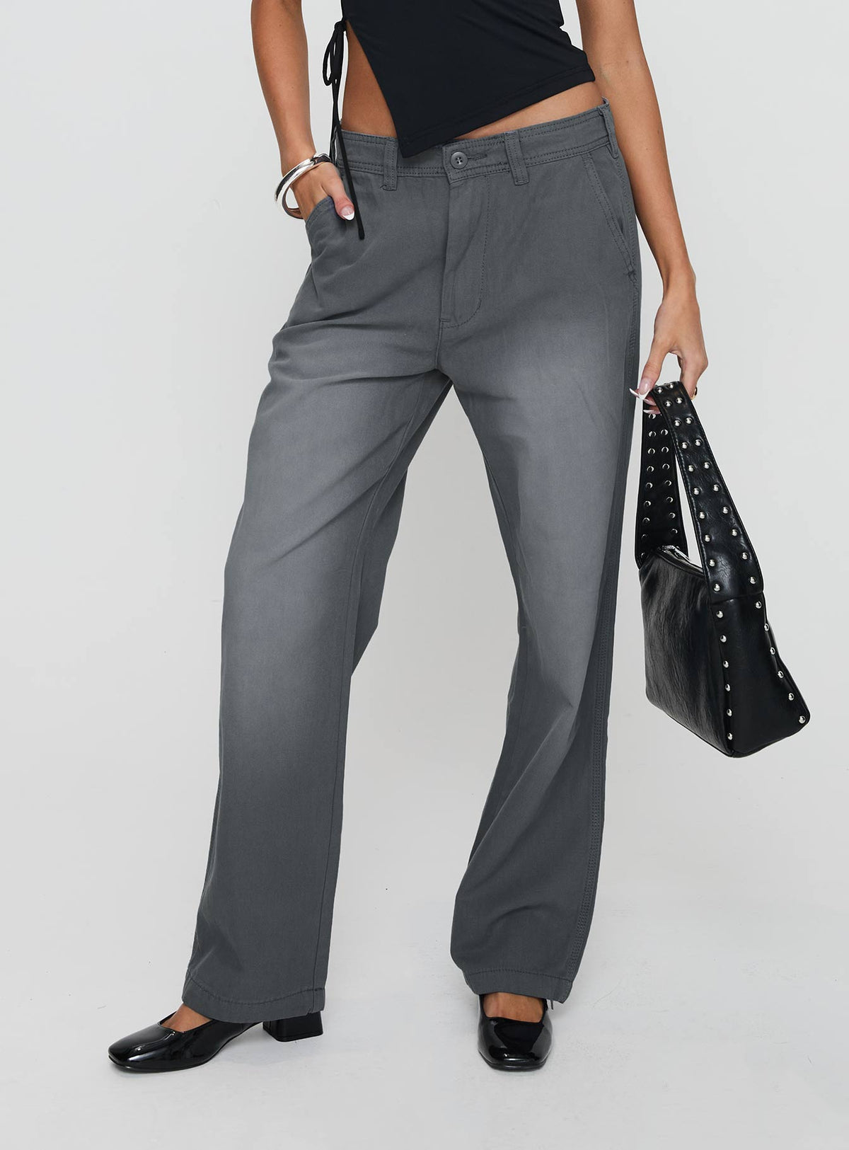 front view of model wearing Princess Polly Workwear Pant Petrol High Rise Pants Pants 